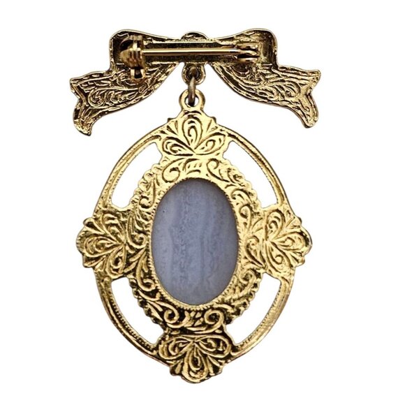 1928 Brand Bow Brooch Oval Setting, Blue Lab Agate Pin - Picture 4 of 7